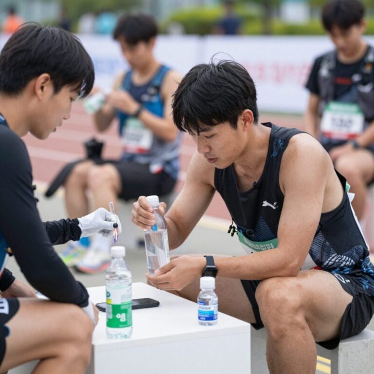 2026 서울하프마라톤 출발 전 수분 섭취와 페이스 설정을 체크하는 장면