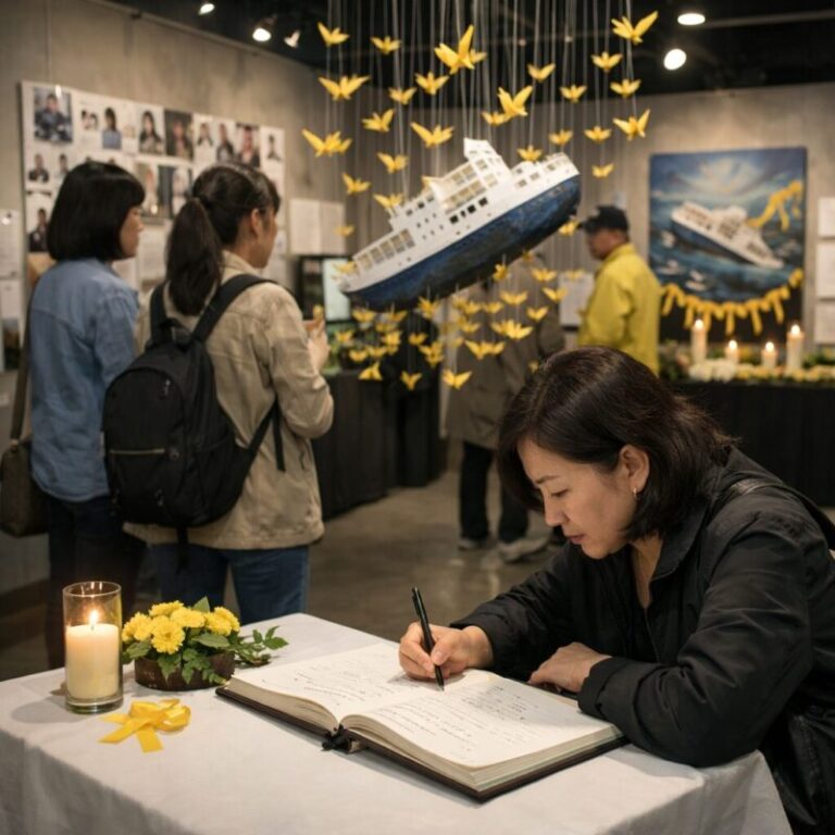 세월호 추모 연결 전시회에서 관람객이 작품을 감상하고 방명록을 작성하는 모습