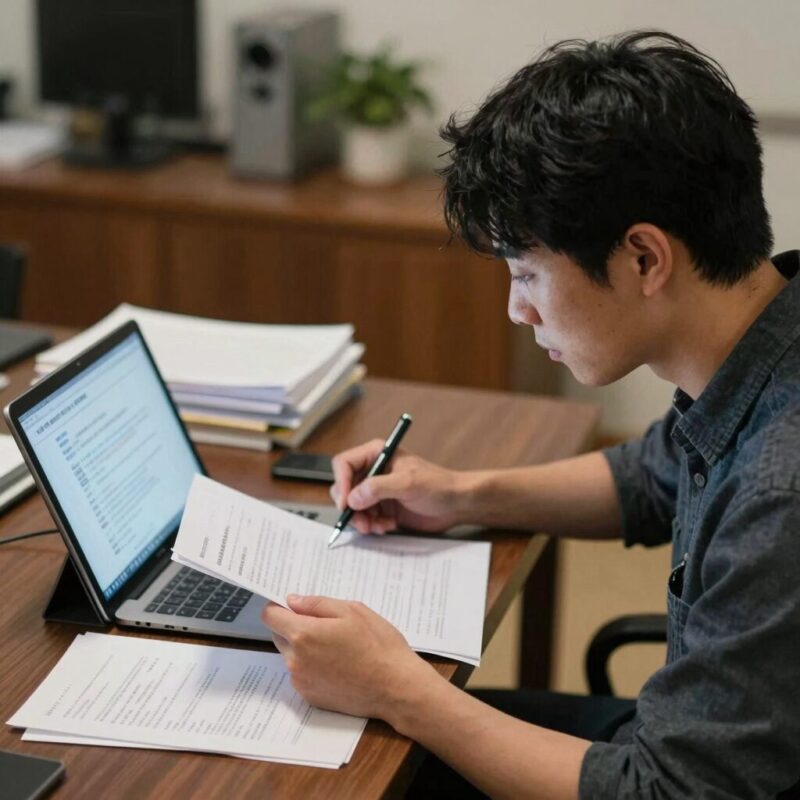 소상공인 지원금 관련 서류와 태블릿 PC를 보며 검토하는 모습