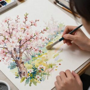 봄꽃 유화 그림 그리는 과정에서의 색 혼합 팔레트와 붓