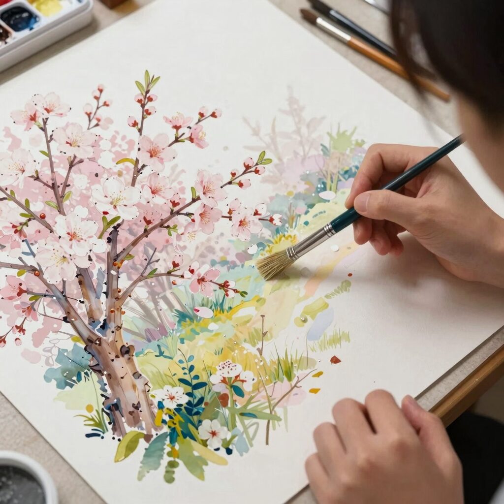 봄꽃 그림 그리는 법과 감성 나들이 코스 1 봄꽃 유화 그림 그리는 과정에서의 색 혼합 팔레트와 붓