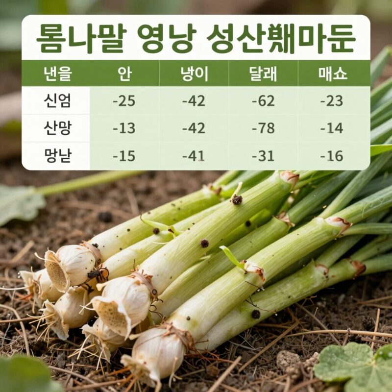 봄나물 영양 성분 비교 표와 신선한 냉이 달래 쑥 사진