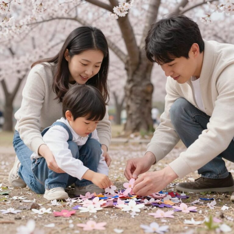 아이와 부모가 함께 색종이 꽃잎을 붙이며 벚꽃나무를 만드는 모습