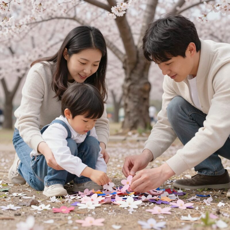 아이와 부모가 함께 색종이 꽃잎을 붙이며 벚꽃나무를 만드는 모습