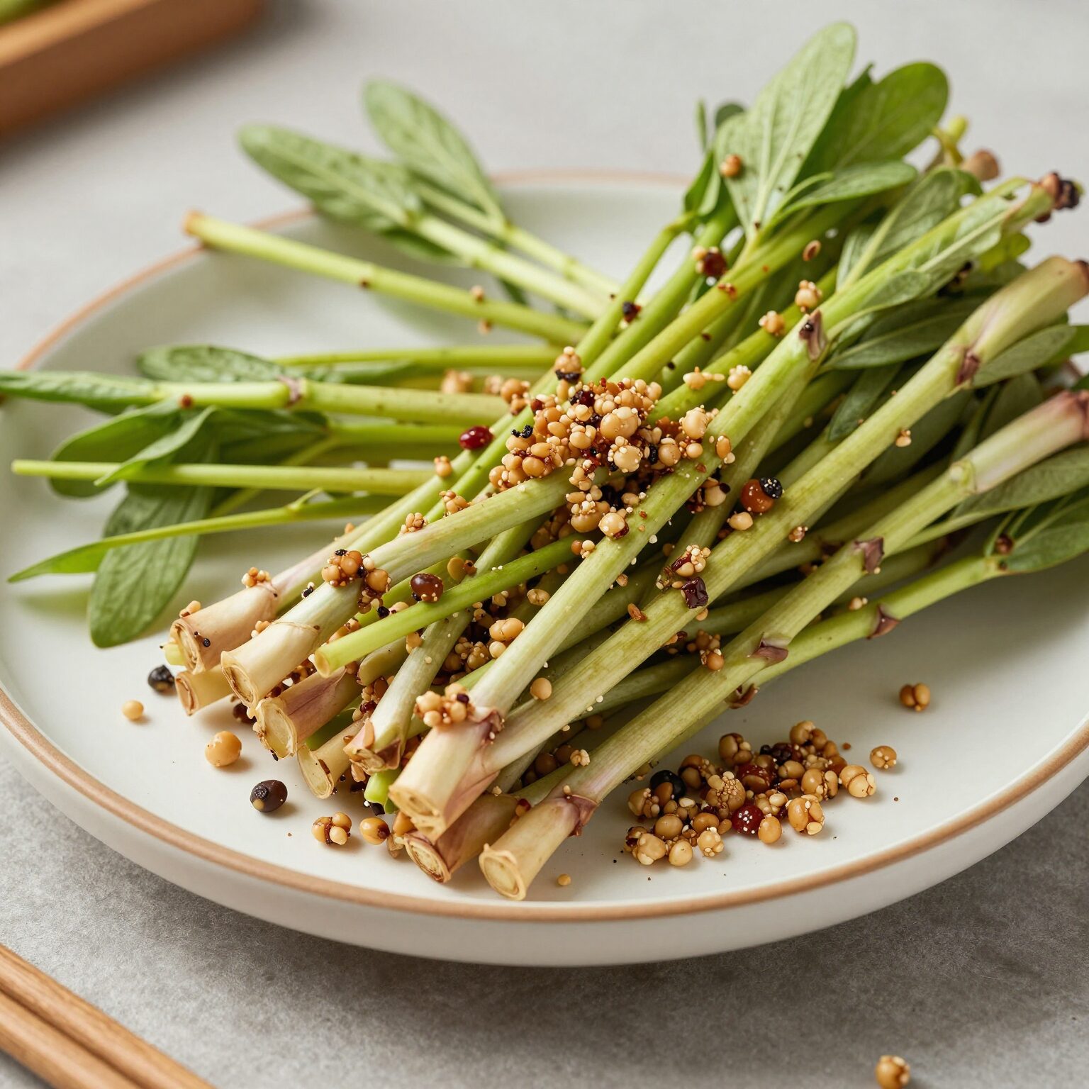 신선한 국내산 해풍쑥과 볶은 콩고물이 접시에 담겨 있는 모습