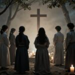 일어서서 부활삼종기도를 바치는 사람들의 실루엣