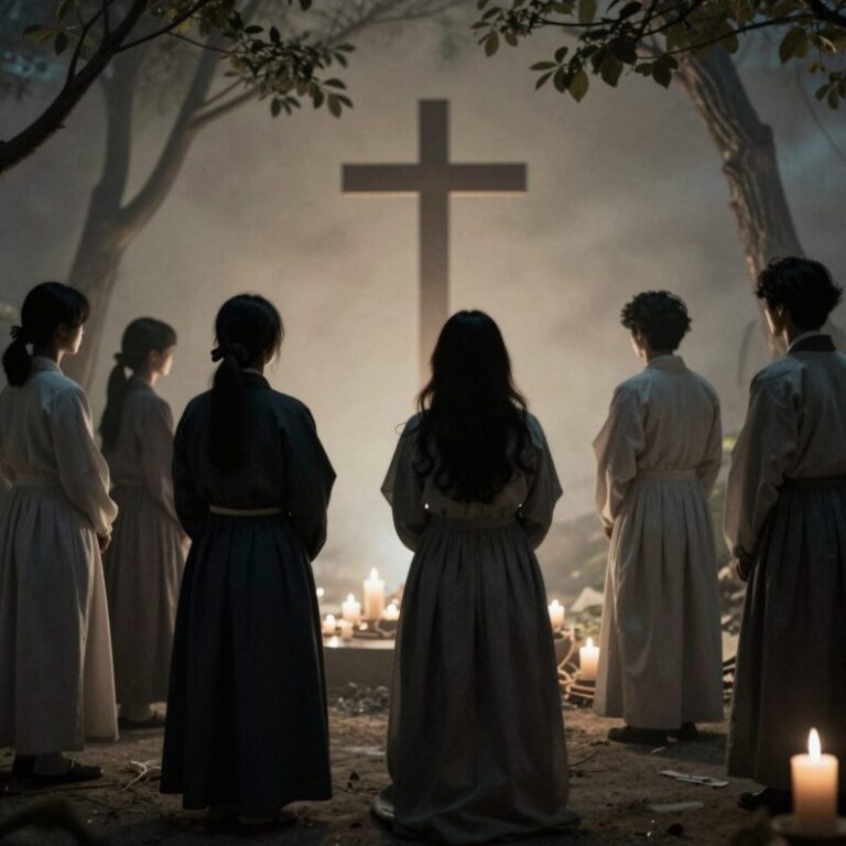 일어서서 부활삼종기도를 바치는 사람들의 실루엣