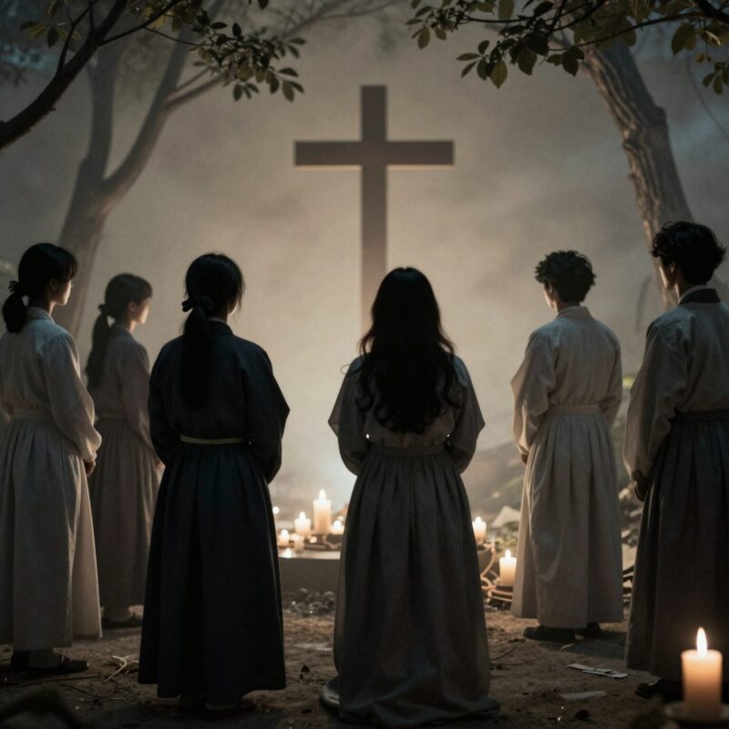 일어서서 부활삼종기도를 바치는 사람들의 실루엣