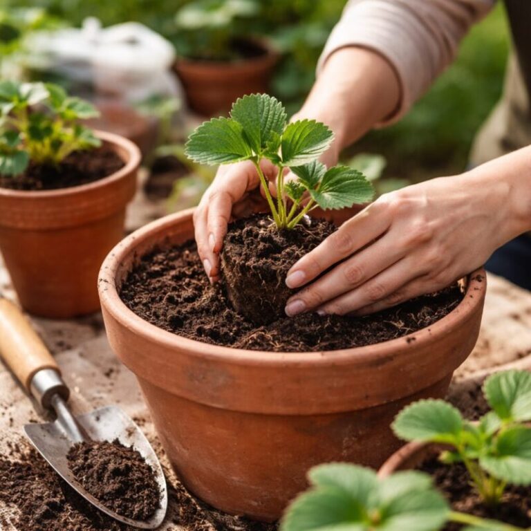 딸기모종을 화분에 심는 과정, 흙과 작은 삽이 보임