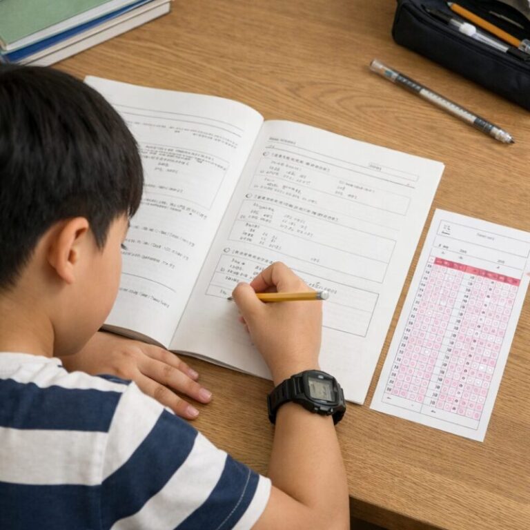 초등학생이 책상에서 성대경시 대비 모의고사를 풀고 있으며, 손목시계와 OMR 카드가 놓여 있다