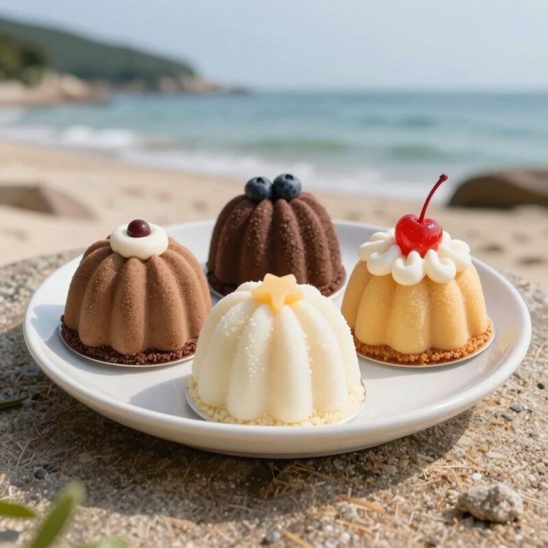 타마노카 베이비카스테라 네 가지 맛 세트가 접시에 담겨 있는 모습