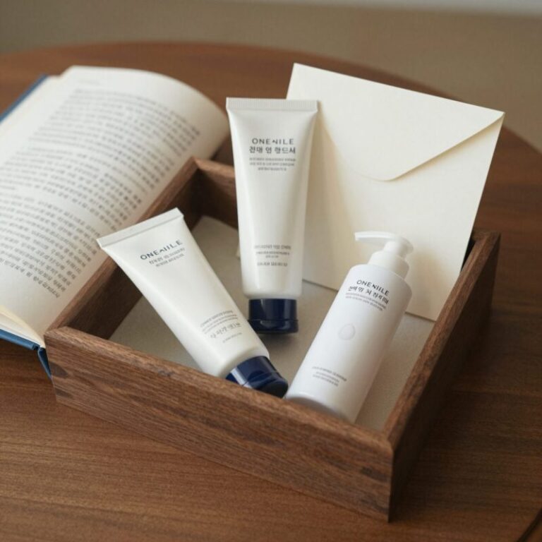스승의날 선물로 추천하는 핸드크림, 차 세트, 손편지가 놓인 책상