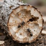 흰개미에 의해 내부가 갉아먹혀 속이 빈 나무 문틀의 단면 사진