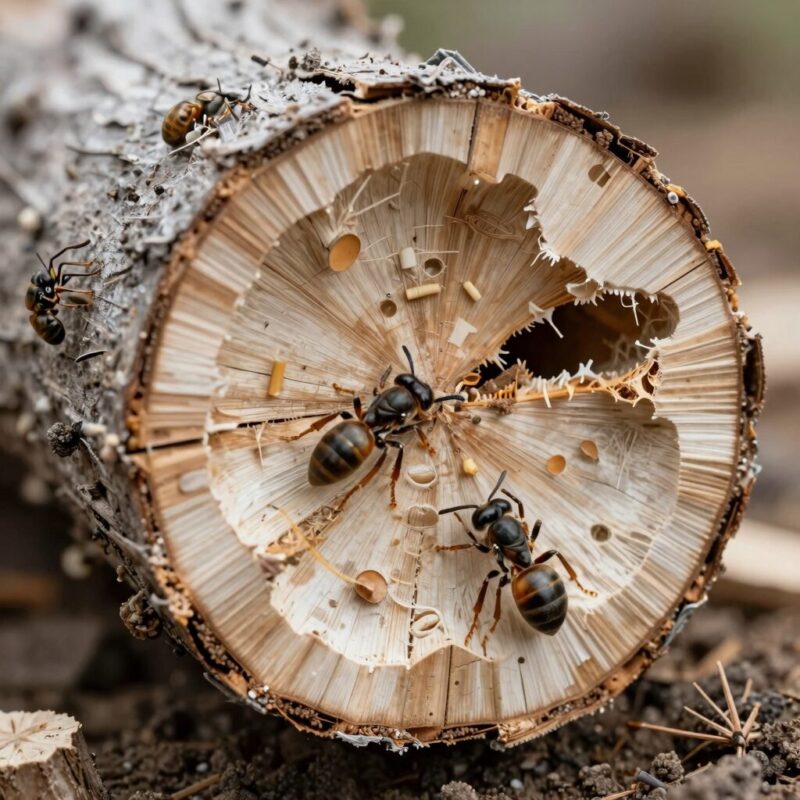 흰개미 퇴치 효과적인 방법과 전문 방역 사례 1 흰개미에 의해 내부가 갉아먹혀 속이 빈 나무 문틀의 단면 사진