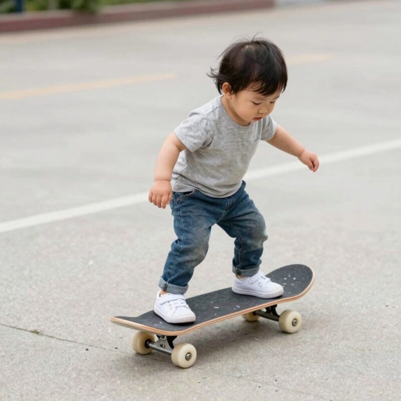 유아가 안전하게 세발 킥보드를 타는 모습, 넓은 데크와 미끄럼 방지 처리