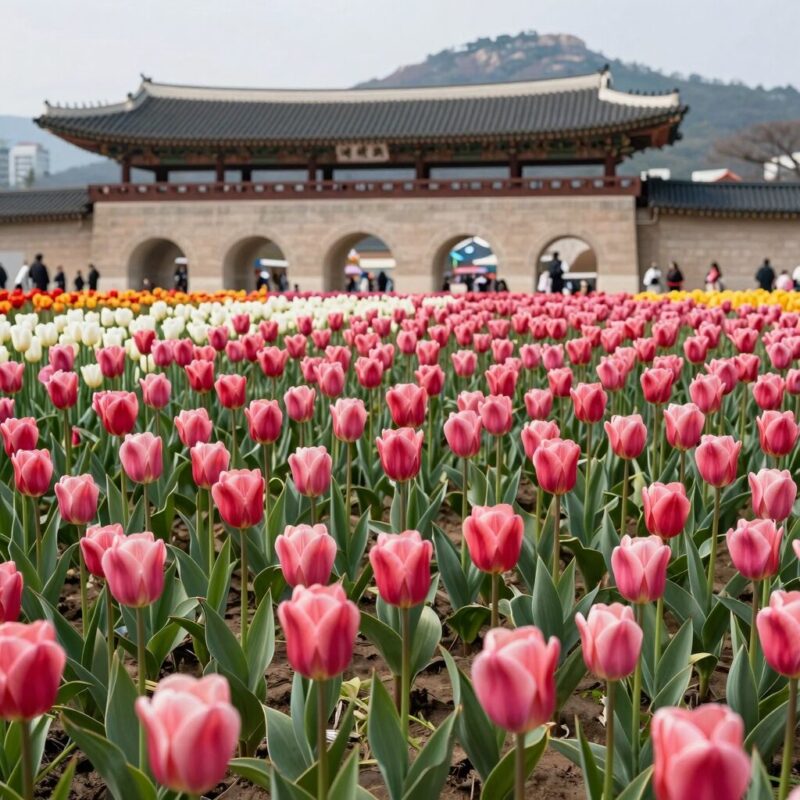 울산대공원 남문광장에서 바라본 화사한 튤립 꽃밭 전경