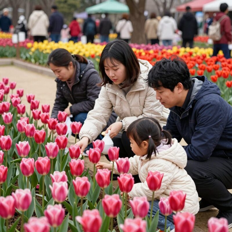 울산대공원에서 튤립을 감상하며 즐거운 시간을 보내는 가족의 모습