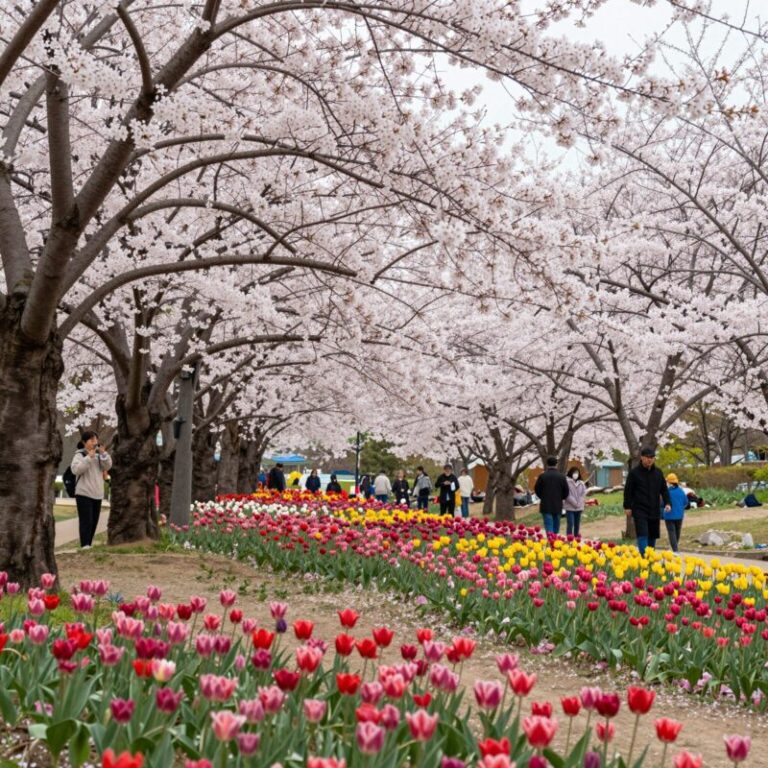 2026년 4월 전주 완산칠봉 꽃동산의 겹벚꽃과 철쭉이 만개한 풍경