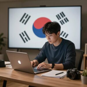 해외에서 노트북으로 한국어 월드컵 중계를 시청하는 모습