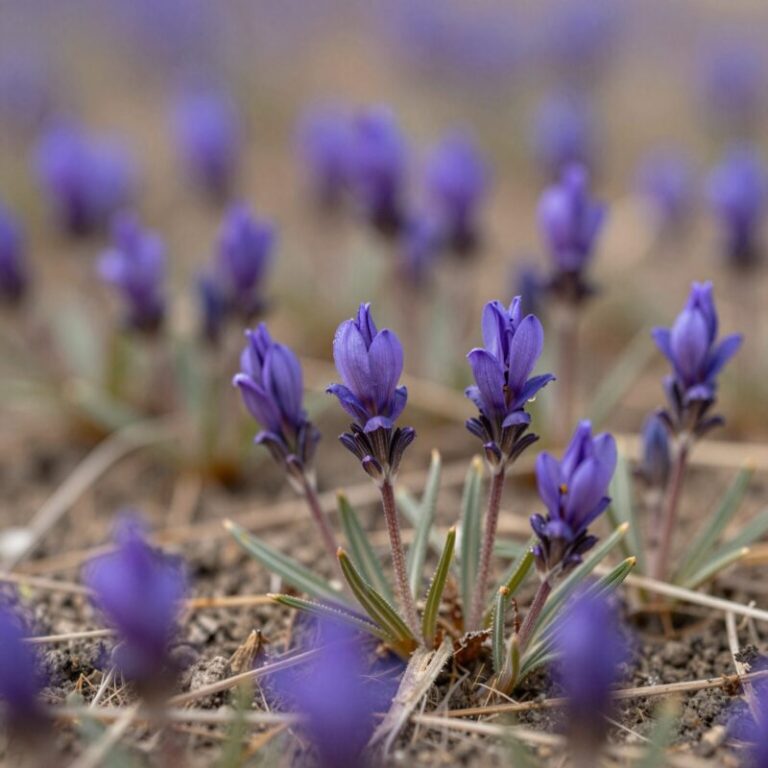 땅에 낮게 핀 보라색 각시붓꽃 군락, 외화피의 그물무늬가 선명하게 보임