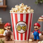 CGV 요시 팝콘통 구매 정보와 한정판 소장 가치 CGV에서 판매하는 큰 사이즈의 요시 팝콘통이 다른 마리오 시리즈 굿즈들과 함께 놓여 있는 모습