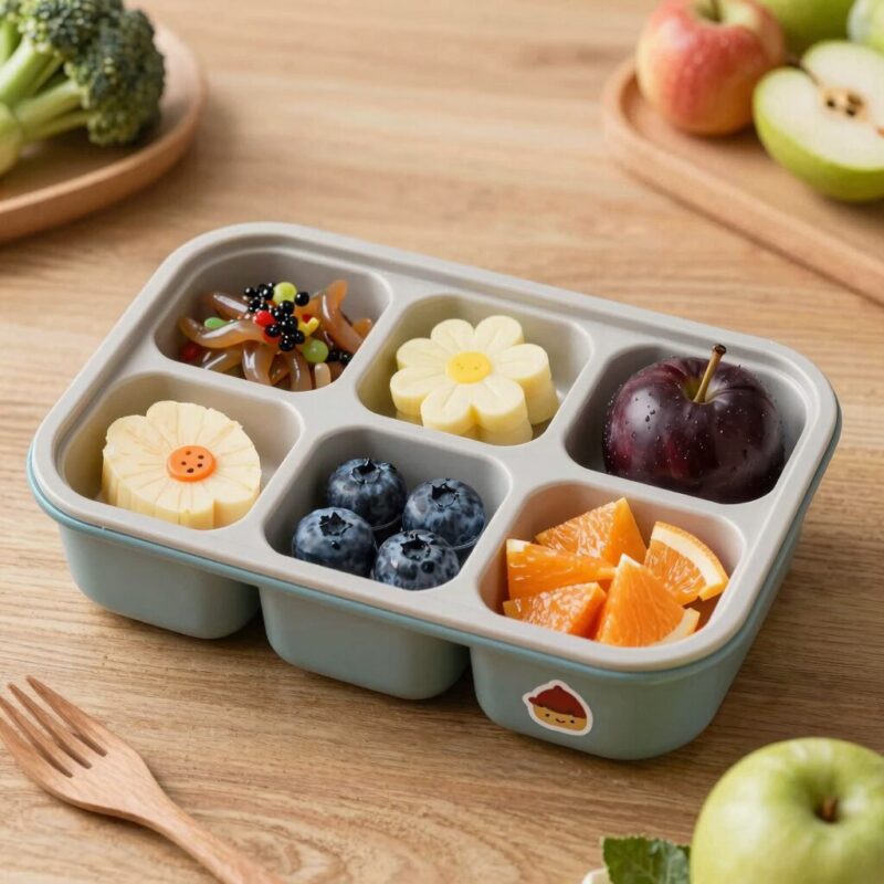 얌박스 유아 도시락통 세트 사진, 여러 칸으로 나뉘어 있고 스티커로 꾸며져 있음