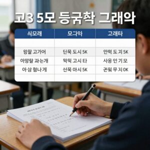 고3 5모 등급컷 분석 그래프와 책상 위 시험지