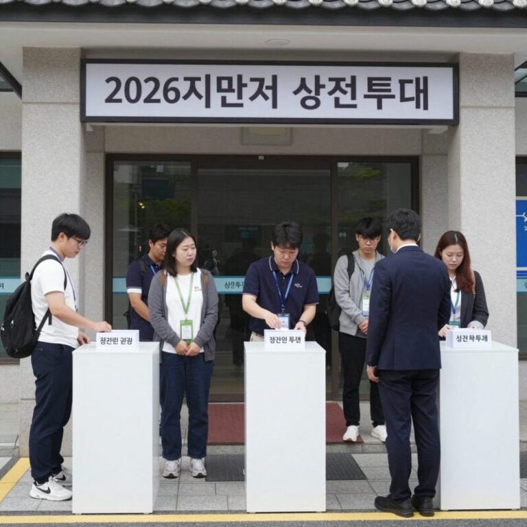 2026 지방선거 사전투표소 입구에서 시민들이 투표를 기다리는 모습