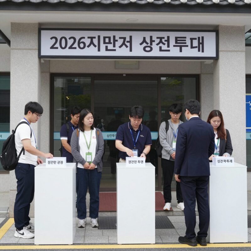 2026 지방선거 사전투표소 입구에서 시민들이 투표를 기다리는 모습