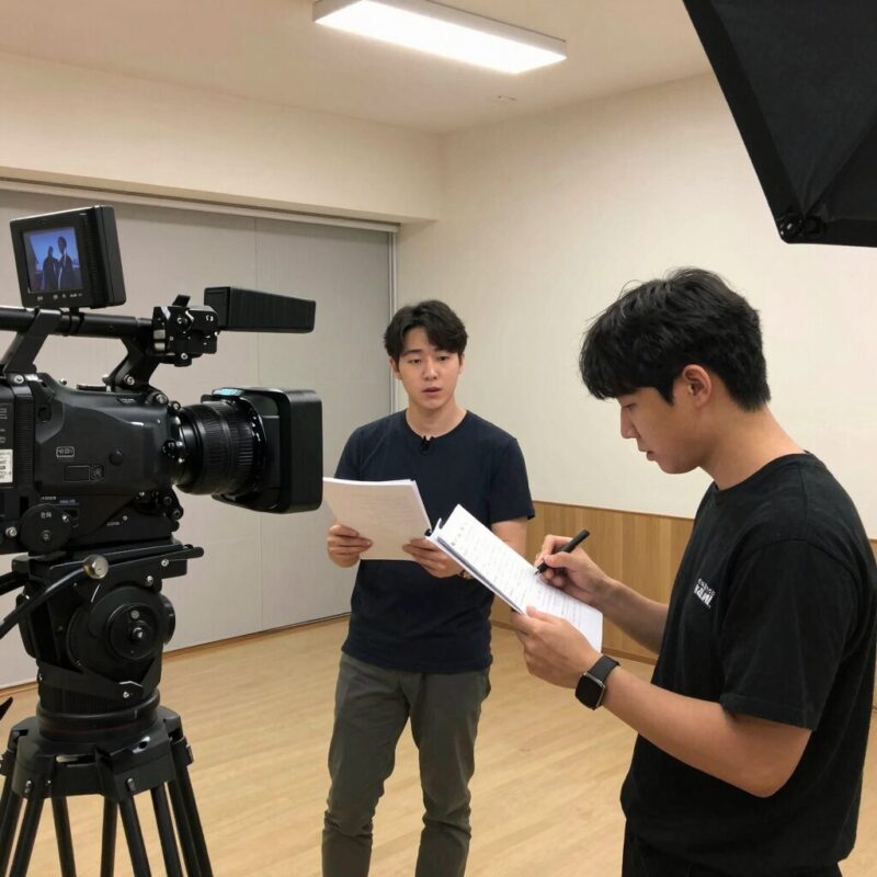 31기 라방 성공 준비 비법 1 31기 라이브 방송 준비 장면 - 카메라와 조명, 대본을 확인하는 진행자들의 모습