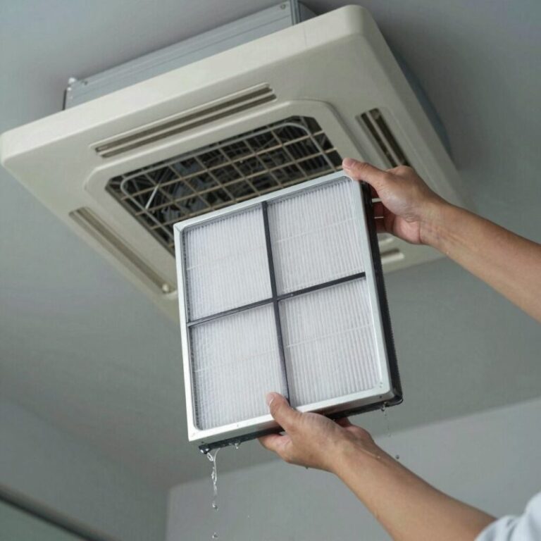 분리한 에어컨 필터를 물로 세척하는 모습