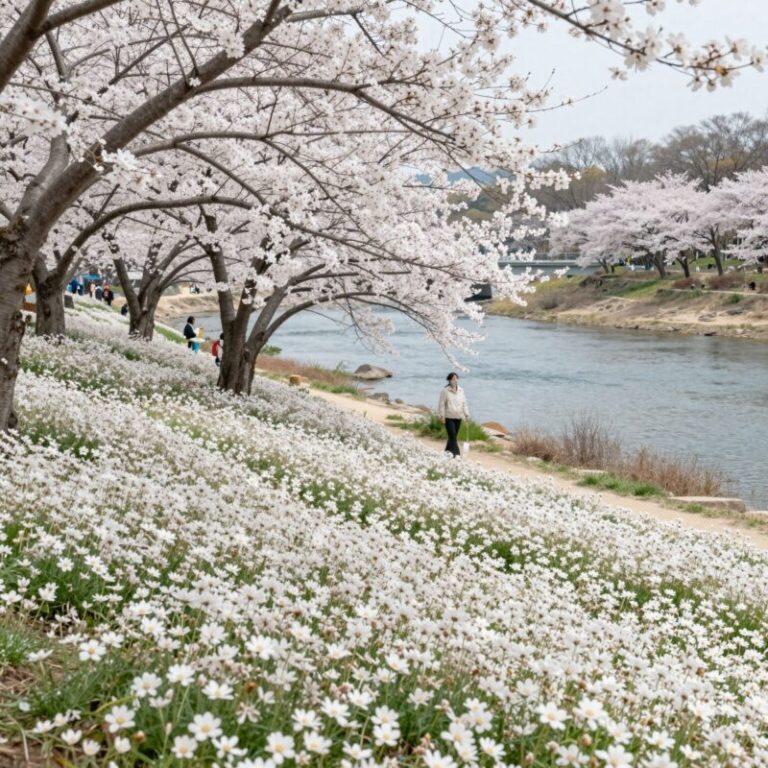 악양생태공원 샤스타데이지 계란꽃 만개 전경 하얀 꽃밭과 남강