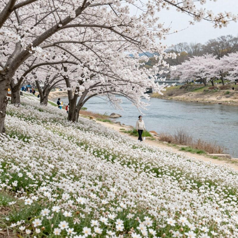 악양생태공원 샤스타데이지 계란꽃 만개 전경 하얀 꽃밭과 남강