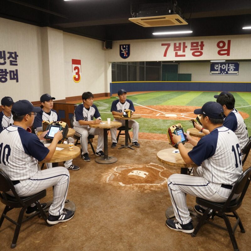 야구 시간 즐기는 법 1 방이동 룸술집 7번방 내부에서 야구 중계를 시청하는 모습