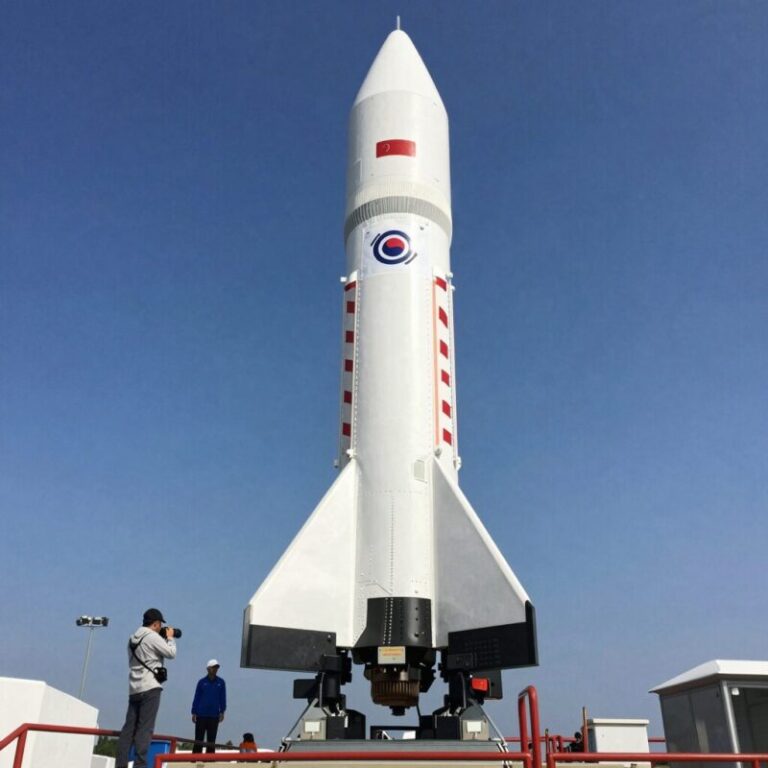 뉴 글렌 로켓이 발사대에서 이륙하는 모습, 배경은 푸른 하늘