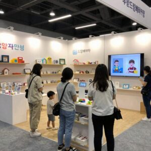 2026 부산드림베이비페어 전시장 내부 모습, 다양한 육아용품 부스가 줄지어 있음