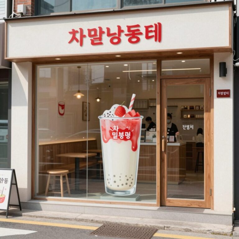 강남역 10번 출구 인근 차지 밀크티 매장 외관. 통유리창과 붉은 로고가 인상적이다.
