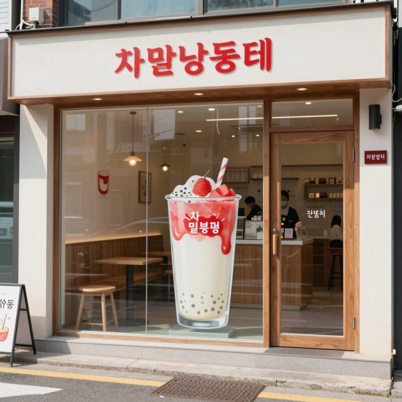 강남역 10번 출구 인근 차지 밀크티 매장 외관. 통유리창과 붉은 로고가 인상적이다.