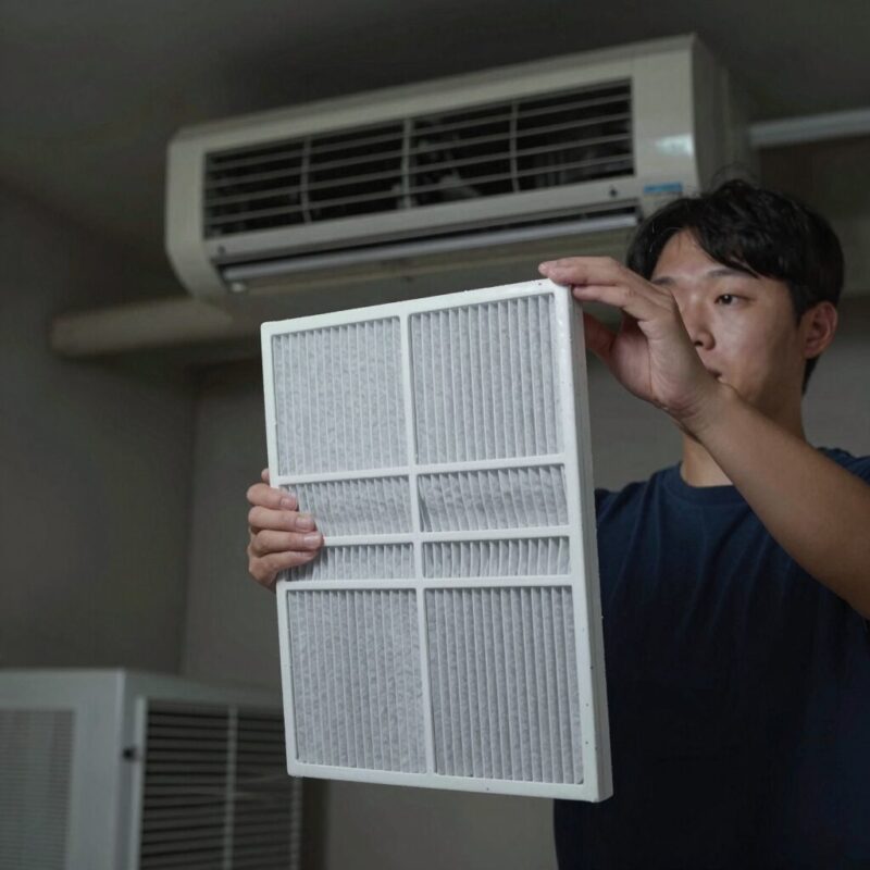 벽걸이 에어컨 셀프 청소 냄새 제거 꿀팁 1 에어컨 필터를 그늘에서 건조시키는 모습