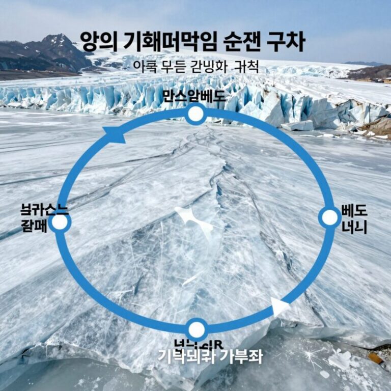 양의 기후되먹임 순환 구조를 설명하는 다이어그램으로 빙하 녹음과 알베도 감소가 온난화를 가속화하는 과정을 보여줌
