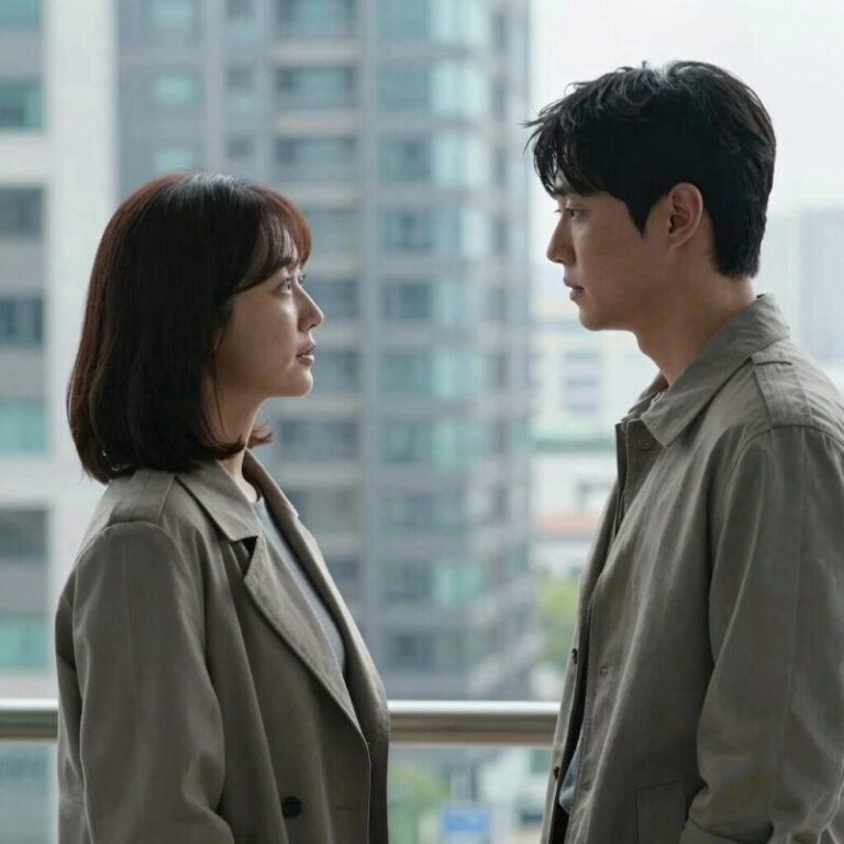 영화 군체의 스틸컷 전지현과 구교환이 빌딩에서 대치하는 장면