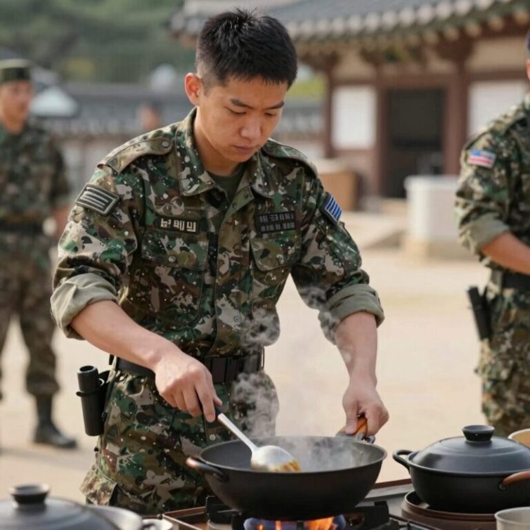 군대 취사병이 넉넉한 솥에서 요리하는 모습