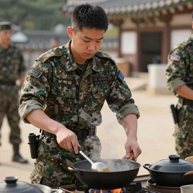 군대 취사병이 넉넉한 솥에서 요리하는 모습