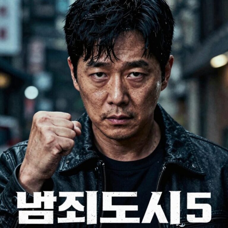 범죄도시5 공식 포스터로 마동석이 강렬한 표정을 지으며 주먹을 쥐고 있다. 배경은 어두운 도시 야경이다.