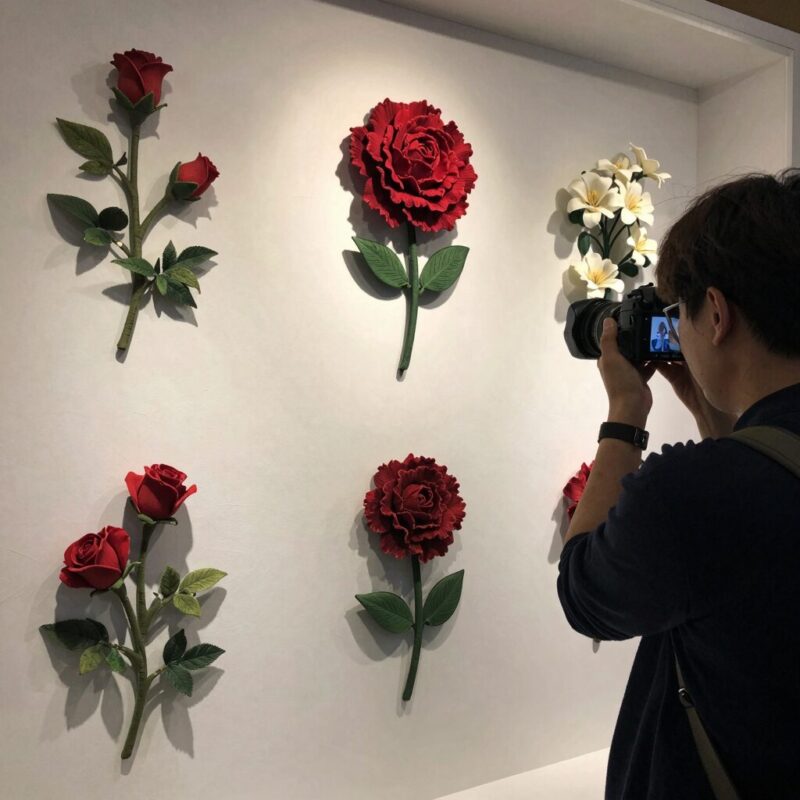 다이소 카네이션 브로치 제품들이 다양하게 진열되어 있는 모습