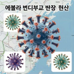 에볼라 번디부교 변종 확산 현황을 나타낸 지도와 바이러스 구조 일러스트