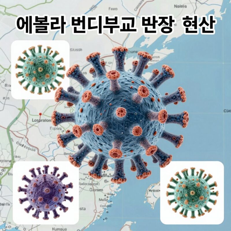 에볼라 번디부교 변종 확산 현황을 나타낸 지도와 바이러스 구조 일러스트