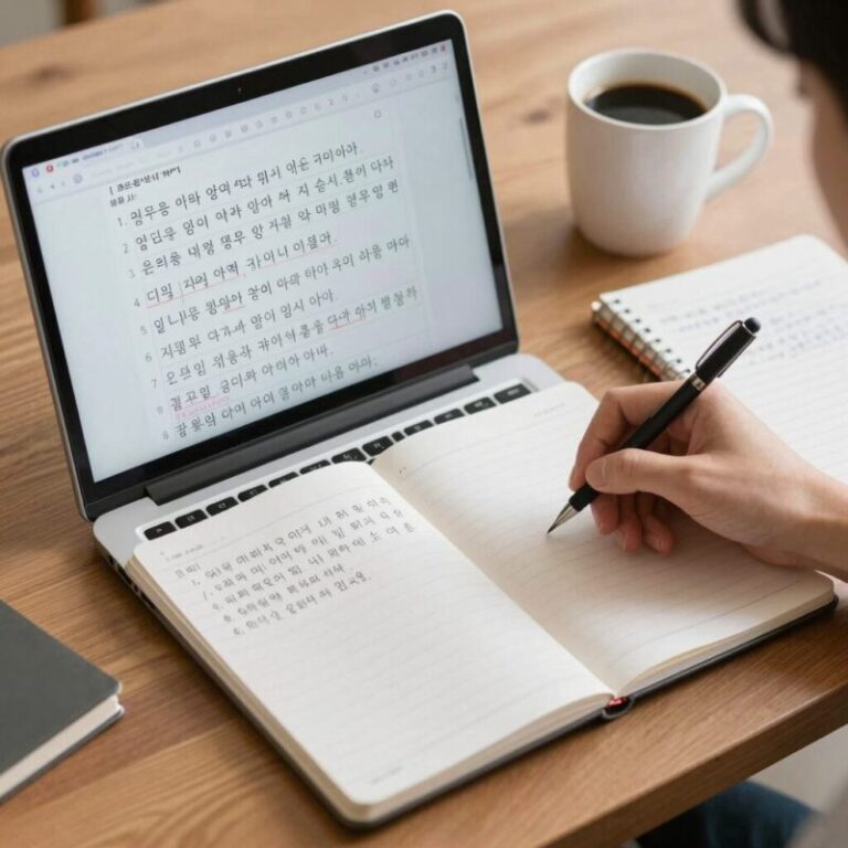 6월 모의고사 영어 시험 전 마음가짐을 다잡는 학생의 책상 위 노트북과 커피