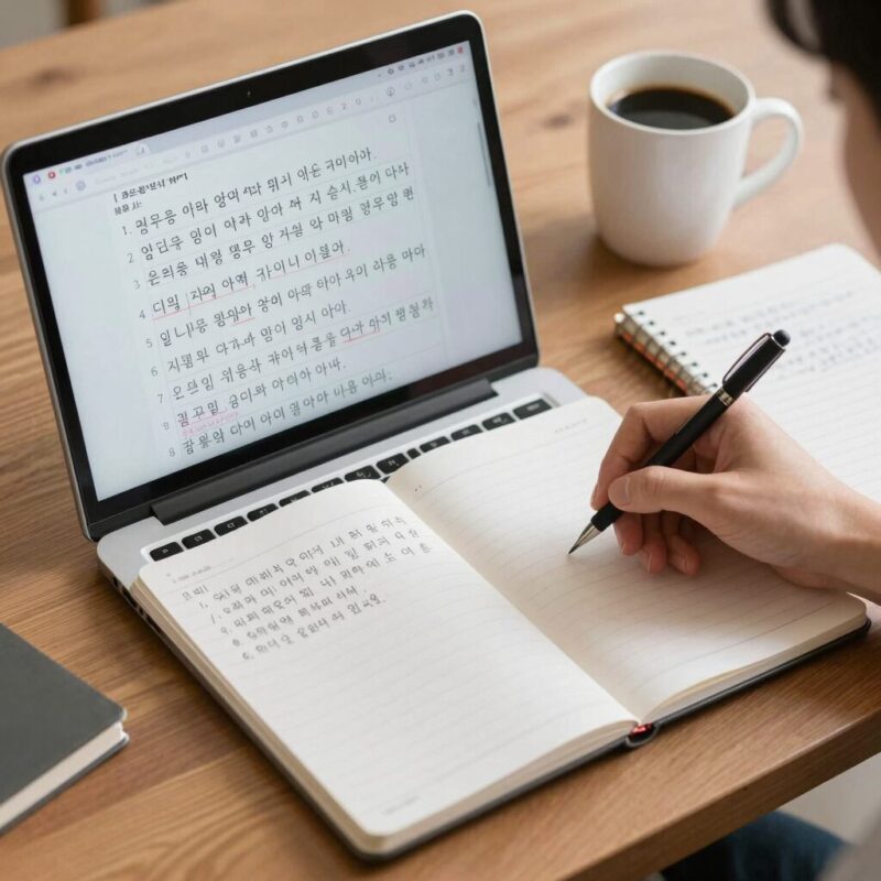 6월모의고사영어 마음가짐 핵심 1 6월 모의고사 영어 시험 전 마음가짐을 다잡는 학생의 책상 위 노트북과 커피