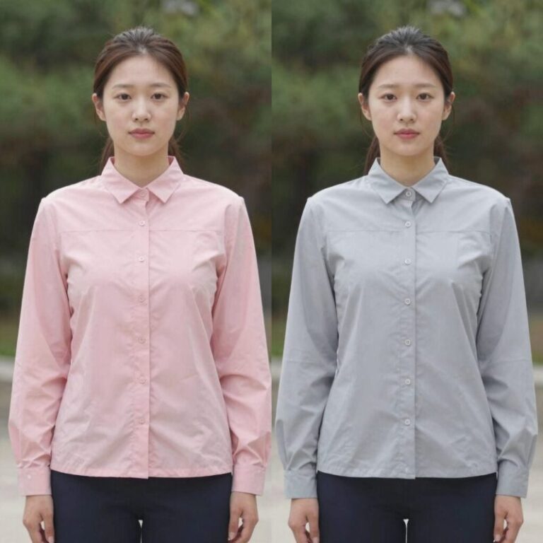플로움 시어 단델리온 타이 블라우스 핑크와 그레이 컬러 비교 사진